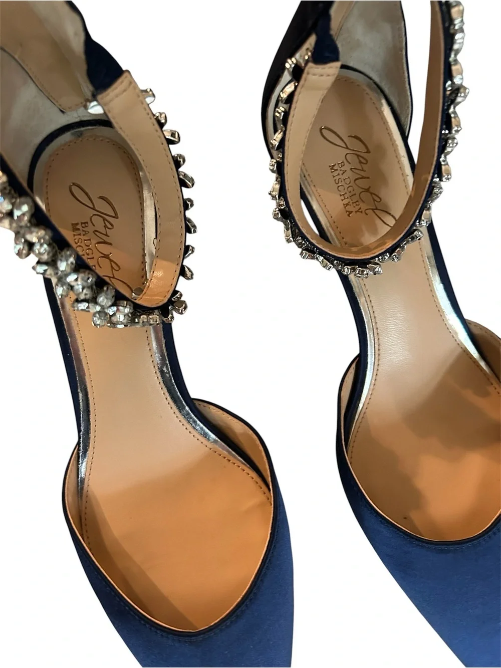 Jewel Badgley Mischka Navy Satin Crystal Embellished Kitten Heels Size 8